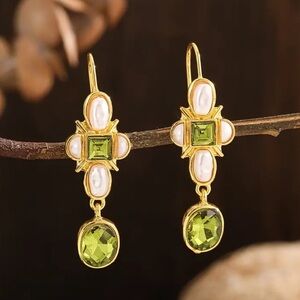 Regal Golden Cross Drop Earrings with Pearl and Green Gemstone Accents